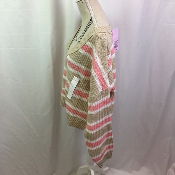 Wild Fable V Neck Striped Knit Sweater Tan Pink L - Picture 10 of 12